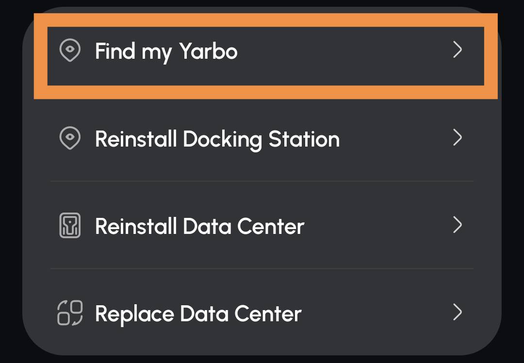設定メニューでFind my Yarboが強調表示されている