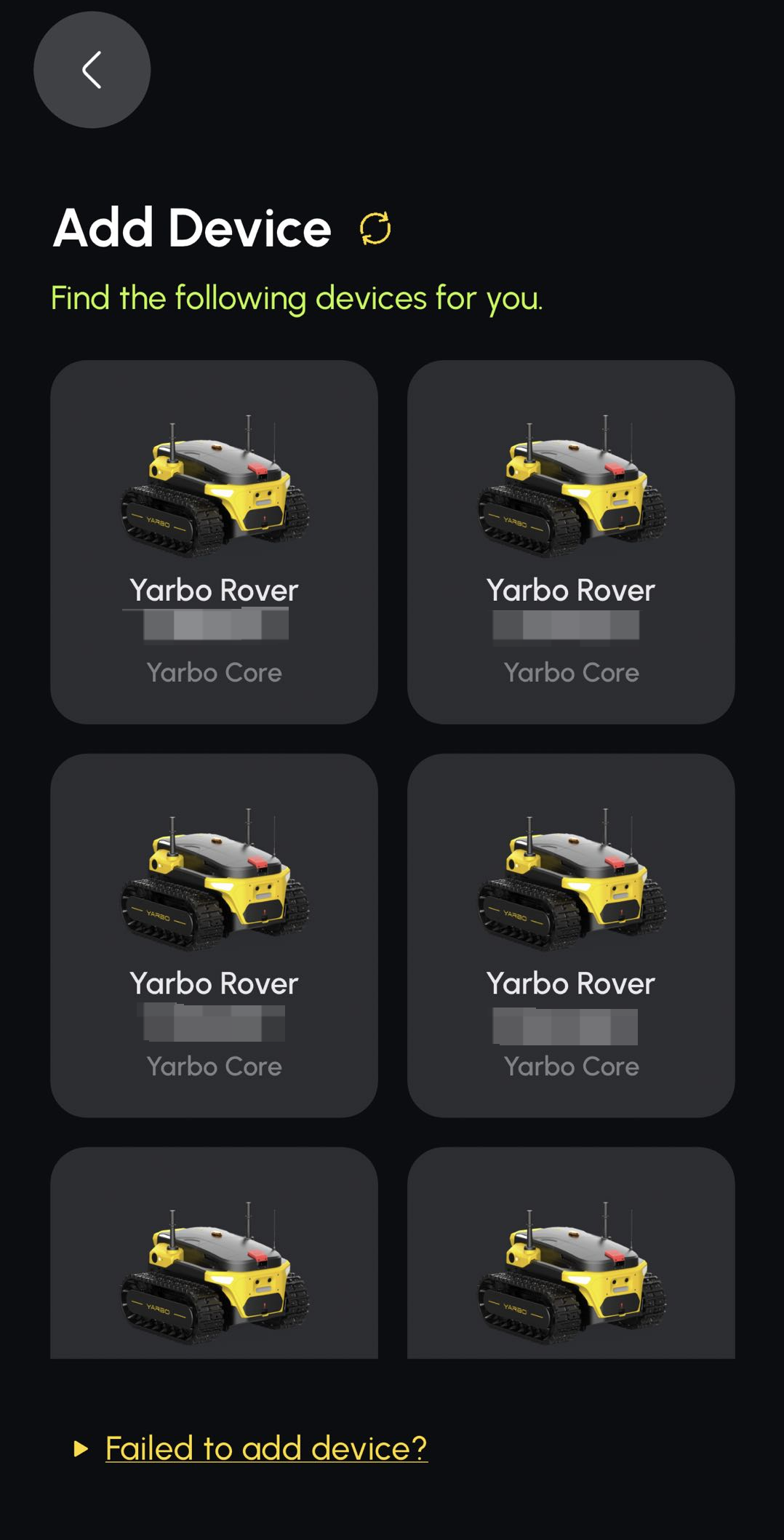 Add Device画面に複数のYarbo Rover候補が表示されている