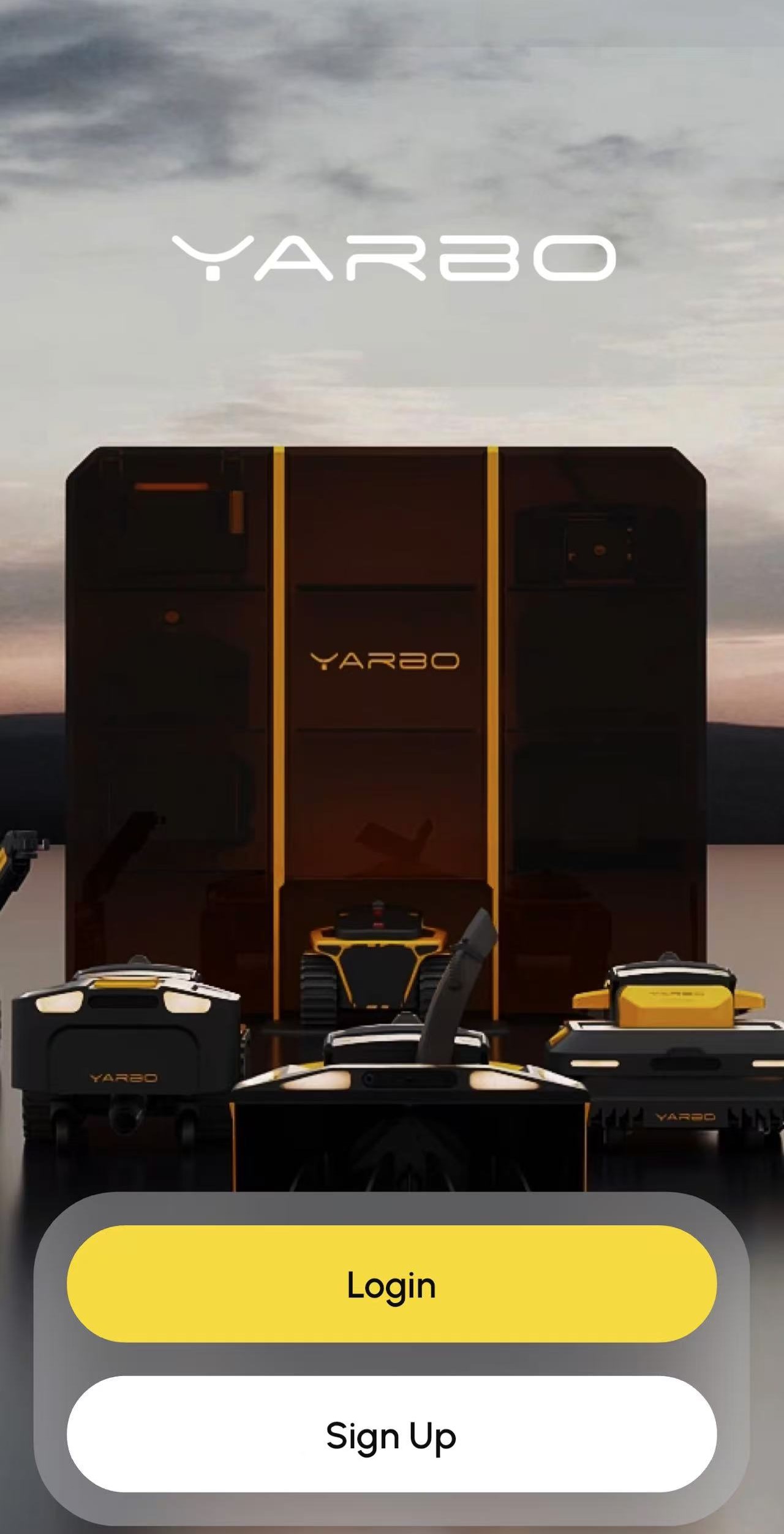 Yarboアプリの起動画面にLoginとSign Upボタンが表示されている