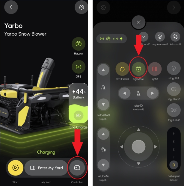 Yarboアプリのホーム画面で充電ボタンが赤矢印で示されている