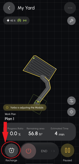 Yarboアプリの作業画面でRechargeボタンが赤丸で示されている
