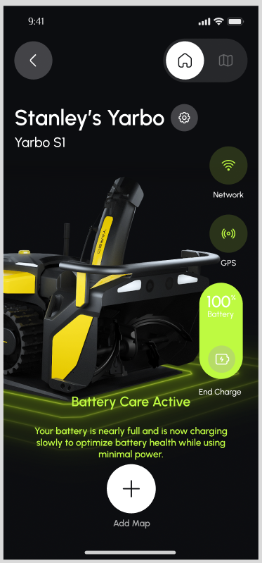 Yarboアプリのホーム画面にBattery Care Activeと表示されている