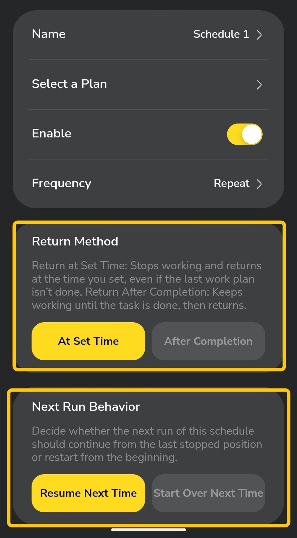 Schedule画面でReturn MethodとNext Run Behaviorが黄色枠で示されている