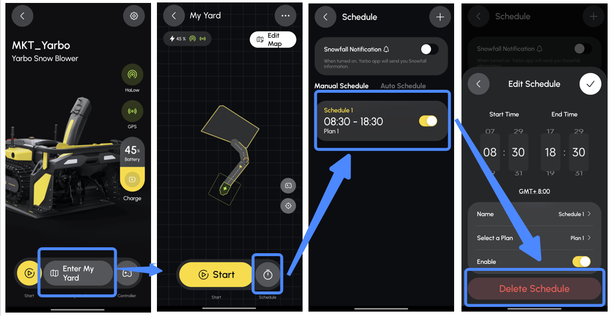 Add Schedule画面で曜日、時刻、Plan、Enable、Frequencyが表示されている