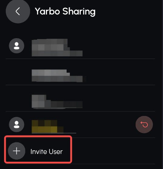 Yarbo Sharing画面でInvite Userボタンが赤枠で示されている