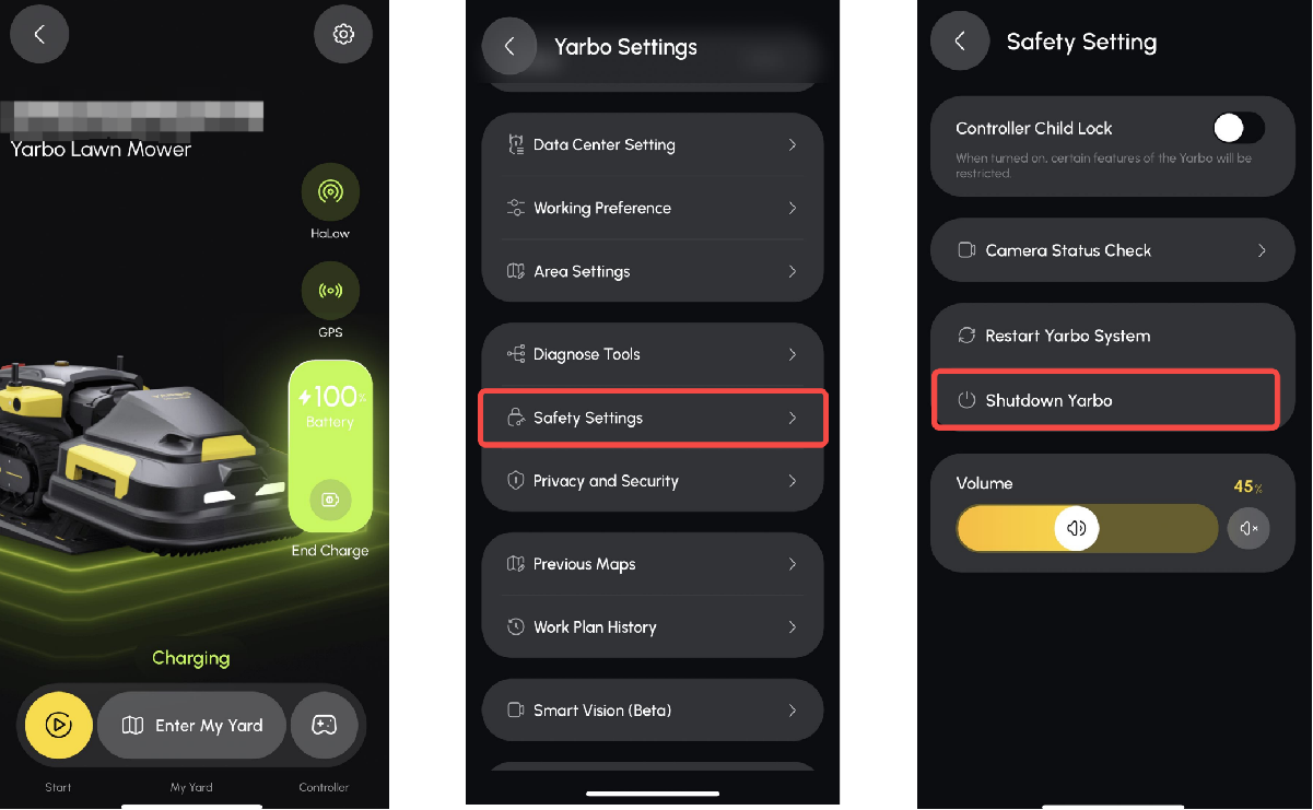 YarboアプリでSettings、Safety Settings、Shutdown Yarboへ進む画面遷移